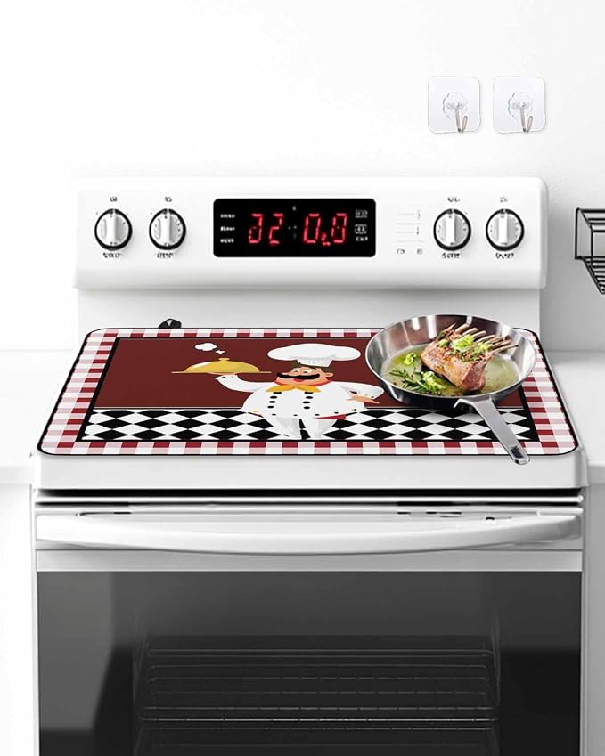 Stove Top Covers for Electric Stove 24x21 Inches, Fat Chef HeatResistant Glass Cooktop Protector, Red Gourmet Kitchen Red Black Buffalo Plaid Ceramic Stovetop Countertop Covers Mat, Oven Cover