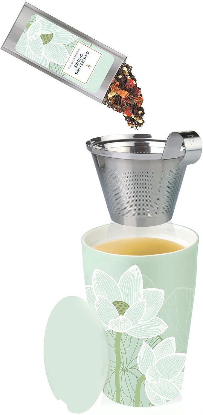 Tea Forte Double-Walled Ceramic Kati Cup, Lotus Blossom, 12 oz | Insulated Ceramic - Stainless Steel Loose Leaf Infuser - Keeps Tea Hot Longer - Lid Included - Microwave & Dishwasher Safe