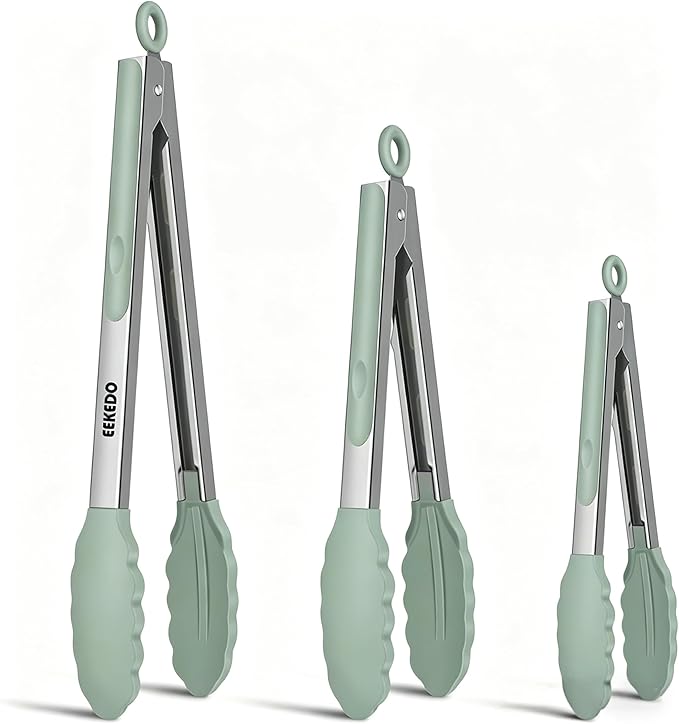 Kitchen Tongs, Stainless Steel Cooking Tongs with Silicone Tips, 600ºF High Heat-Resistant Non Scratch Locking Tongs for Cooking BBQ Grilling Air Fryer Pans, Set of 3 (7" 9" and 12") Sage Green