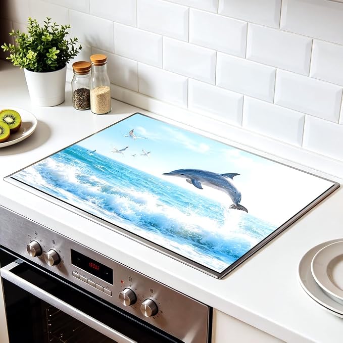 Ocean Dolphin Jumping Coastal Stove Top Cover 28.35x20.47in Beach | Ocean dolphin jumping coastal stove top cover 28.35x20.47 in; beach kitchen cooktop mat dishwasher safe machine washable