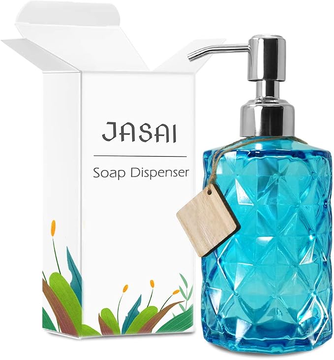 JASAI 12 Oz Diamond Design Soap Dispenser with Rust Proof Soap Pump | Kitchen Soap Dispenser for Bathroom, Hand Soap, Dish Soap (Clear Blue).