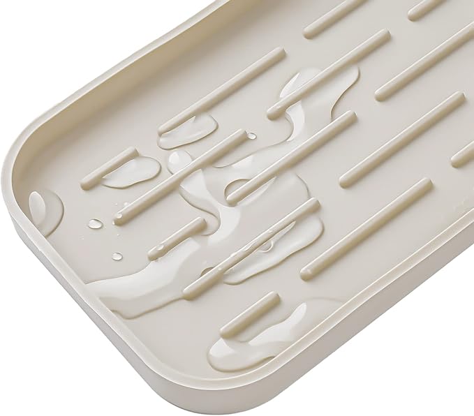 MicoYang Silicone Kitchen Sink Organizer Tray for Multiple Usage,Eco-Friendly Sponges Holder for Kitchen Bathroom Counter or Sink,Dish Soap Dispenser,Scrubber,Bottle,Cup (Tapioca, 10"×5.3")
