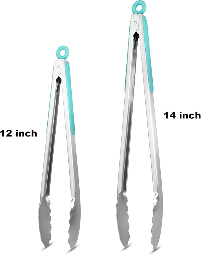 304 Stainless Steel Kitchen Cooking Tongs, 12 & 14", Set of 2, Aqua Sky | Locking Food Tongs with Non-slip Grips and Hanging Loops for Cooking, Grilling, BBQ and Serving, Dishwasher Safe
