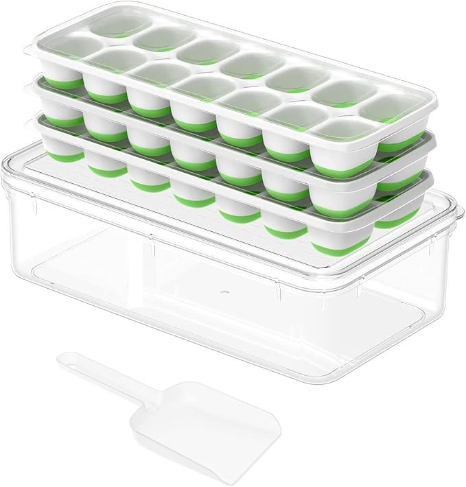 ChefAide Ice Cube Tray with Lid and Bin, 3 Packs 42 Cubes Silicone Plastic Ice Cube Trays for Freezer, Stackable Ice Tray with Container, Ice Scoop for Drinks, Coffee and Cocktails