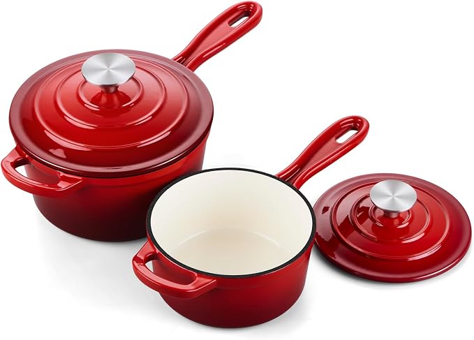 Onader Enameled Cast Iron Sauce Pan, 1QT & 2QT Small Saucepan Set with Lid, Cast Iron Sauce Cooking Pot, Enamel Dutch Oven, Nonstick & Induction Compatible – Red