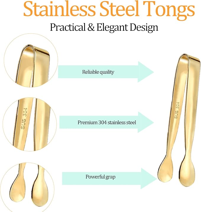 8PCS Gold Mini Metal Tongs, 4.25" Stainless Steel Tiny Tong, Small Kitchen Accessories for Serving Food, Ice, Sugar Cube, Salad, Toaster, Desserts