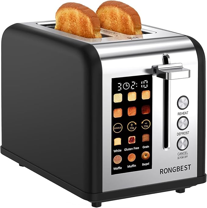 2 Slice Touch Screen Toaster Stainless Steel with Wide Slots for Family Breakfast, Even Toasting for Bagels & Bread, Defrost & Reheat, Easy Removable Crumb Tray, Matt Black