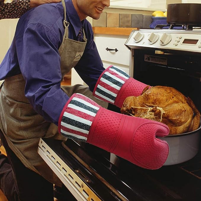 Heat Resistant 550 Degree Oven mitt, Silicone Oven Hot Mitts - 1 Pair | Extra Long Professional Baking Oven Gloves - Food Safe,Pot Holders Cooking,Grilling,Kitchen (Red Mittens)
