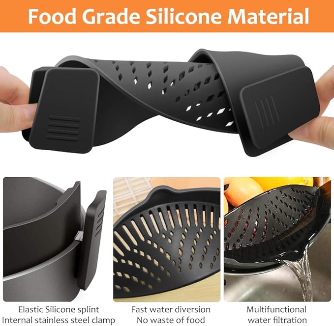 YEVIOR Clip on Strainer for Pots Pan Pasta,Silicone Food Pan Strainer | Food-grade BPA-free,Kitchen Food Strainer for Spaghetti, Pasta,Vegetable Fruits Fits All Bowls and Pots (Black)