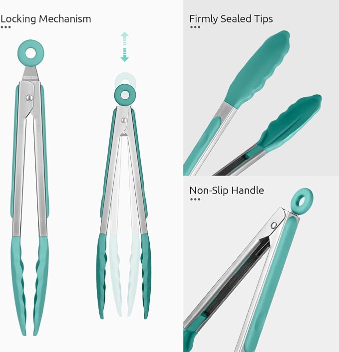 U-Taste Kitchen Tong for Cooking, 600ºF Heat-Resistant Tps, 9in/Aqua Sky | Rubber Tong for Serving Food, Salad/Grill/BBQ/Steak/Pasta Silicon Tongs, 18/8 Stainless Steel Handle & Smooth Locking