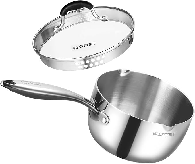 SLOTTET Tri-Ply Whole-Clad Stainless Steel Sauce Pan with Pour Spout,1.5 Quart Small Multipurpose Pasta Pot with Strainer Glass Lid, Saucepan for Cooking with Stay-cool Handle.