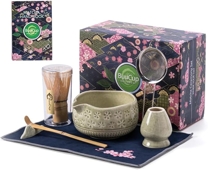 Buucup Matcha Whisk Set, Ceramic Matcha Kit Set with Bowl & Tools, Green | 7-piece set includes ceramic bowl, bamboo whisk, scoop, holder, rest, sifter and tea towel for authentic matcha preparation.