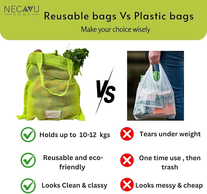 100% Cotton Set Of 2 Mesh Grocery Bag | Eco-Friendly Cotton Market Bags For Vegetable Shopping | Multi-Purpose Portable Cotton Market Bags with Reinforced Edges (Kiwi Green) (Kiwi Green)