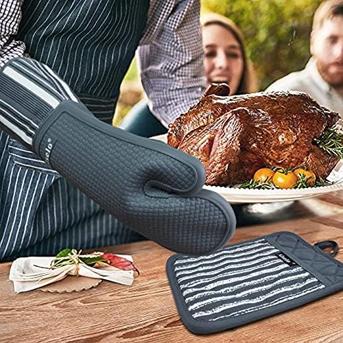 Alselo Silicone Oven Mitts Set, Heat Resistant 550 Degree,7.5"x16" | Extra Long Kitchen Mittens,Waterproof & Non-Silp Oven gloves for Baking Cooking Barbecue Microwave (Extra Long Grey, 2)
