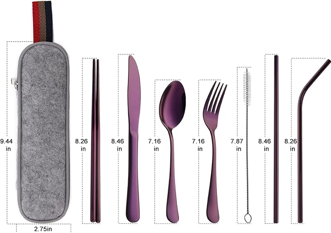 DEVICO Portable Utensils, Travel Camping Cutlery Set, 8-Piece including Knife Fork Spoon Chopsticks Cleaning Brush Straws Portable Case, Stainless Steel Flatware set (Purple) | 8Pcs Stainless Steel Travel Cutlery Set, Portable Metal Straws Chopsticks F...