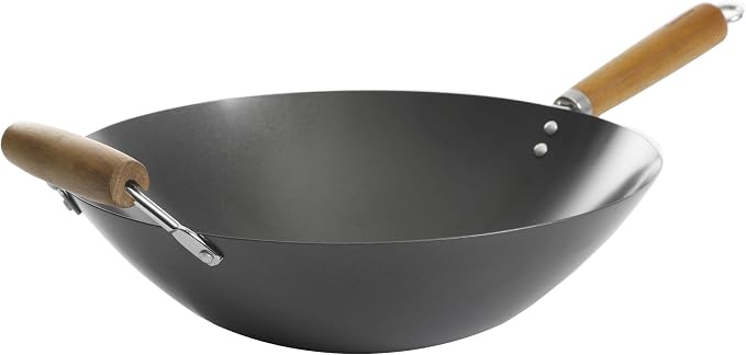 Kenmore Hammond 14-Inch Flat Bottom Carbon Steel Wok, Black, Durable Non-Stick Stir Fry Pan for Gas and Electric Stovetops