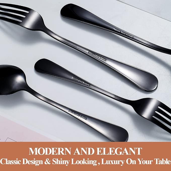 Silverware Set,50-Piece Stainless Steel Flatware Set for 10 | Food-Grade Stainless Steel Cutlery Set,Dishwasher Safe,Mirror Finished Utensil Sets for Home Restaurant,Round Edge,Black