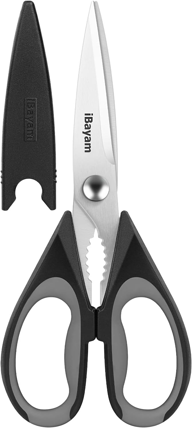 iBayam 8.5" Kitchen Scissors with Sheath, Black Cooking Scissors | All Purpose Shears, Kitchen Gadgets Utensils Set for Home,