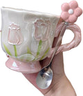 Ceramic Coffee MugEspresso Cup 14oz Pink Cute Flower withSpoon | novelty coffee mug，Glazed Ceramic Smooth Glossy Surface Lead ，Comes with Matching Spoon ，cute mugs for women
