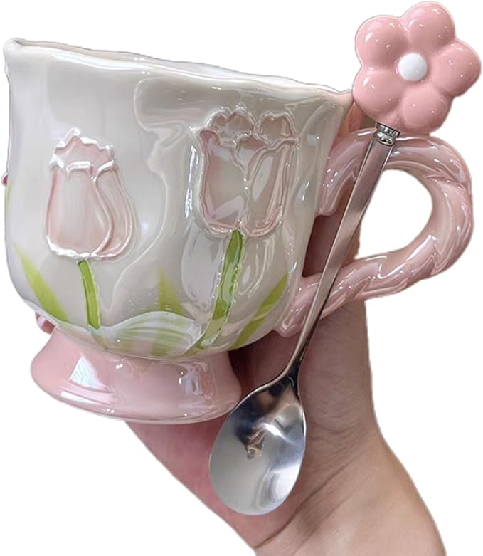 Ceramic Coffee MugEspresso Cup 14oz Pink Cute Flower withSpoon | novelty coffee mug，Glazed Ceramic Smooth Glossy Surface Lead ，Comes with Matching Spoon ，cute mugs for women