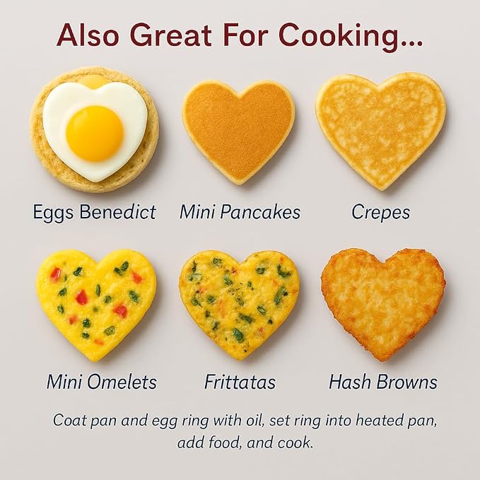 HIC Kitchen Non-Stick Egg and Pancake Cooking Rings, Heart Shaped, Non-Stick Carbon Steel; PFOA and BPA Free, Set of 4