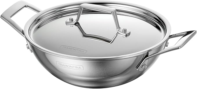 Tramontina Utsava 1.8-Quart Tri-Ply Clad Stainless Steel Kadai with Lid | Small Kadhai Pot for Indian Cooking