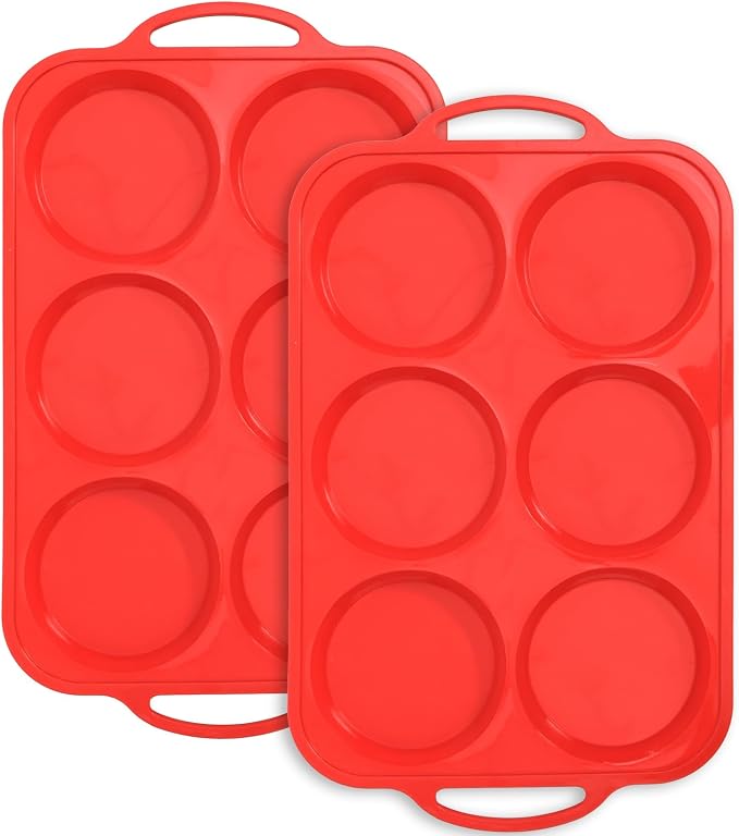4 Inch Muffin Top Pan Non Stick with Metal Frame, Silicone Egg Molds | for Breakfast Sandwiches, Large Round Whoopie Pie Baking Pan with Handle for English Muffin, Egg Bite and Oven, Red Toeusog