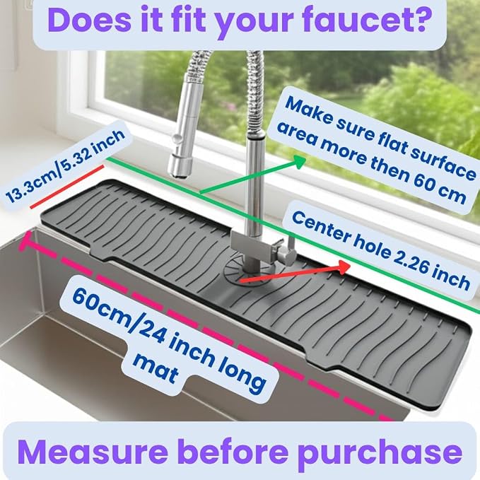 24 Inch Longer Faucet Mat for Kitchen Sink, Silicone Sink Faucet Mat Splash Guard 5° Slope Premium Kitchen Sink Splash Faucet Guard, Fast Self-Draining Mat (gray)