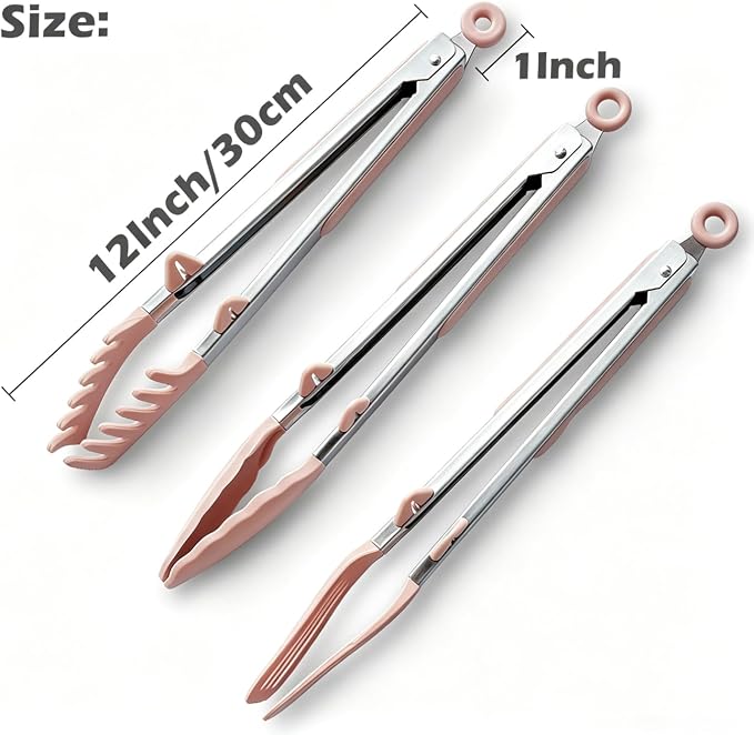 12" Kitchen Tongs for cooking with Silicone Tips, 3Pcs Serving Tongs, Pink | Small Silicone Tongs mit kickstand, Food Grade, 3 different type of tongs, Stainless Steel