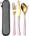 MURRI&MURRDI Travel Stainless Steel Cutlery Set for 1, Reusable Flatware Set with Case, Camping Silverware Set for Work, Knife Fork Spoon Utensil Set 3 Piece (Pink Gold)
