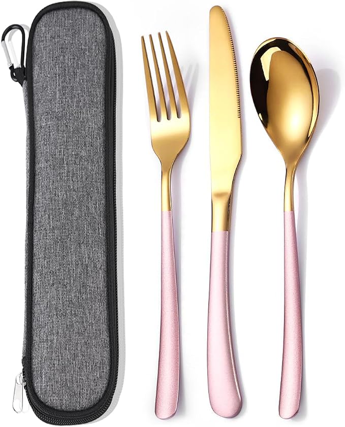 MURRI&MURRDI Travel Stainless Steel Cutlery Set for 1, Reusable Flatware Set with Case, Camping Silverware Set for Work, Knife Fork Spoon Utensil Set 3 Piece (Pink Gold)