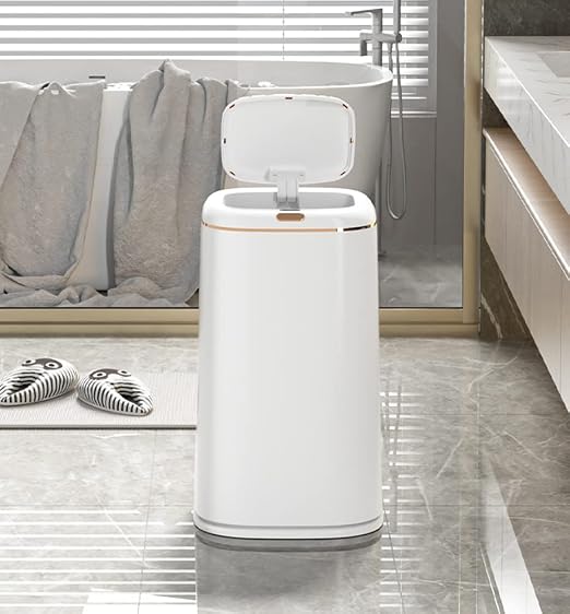 Sooyee 40L Automatic Trash Can with Lid, White with Gold Border | 10 Gallon, Smart Motion Sensor, For Bedroom, Bathroom, Kitchen, Office, 3 Opening Modes