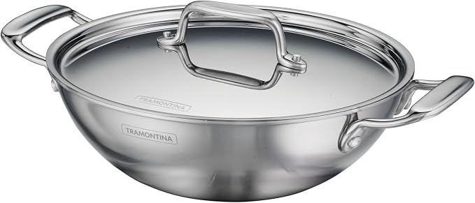 Tramontina Utsava Tri-Ply Clad Stainless Steel 2.75-Quart Kadai with Lid | Ceramic Non Stick Interior, Induction-Ready Kadhai Pot for Indian Cooking