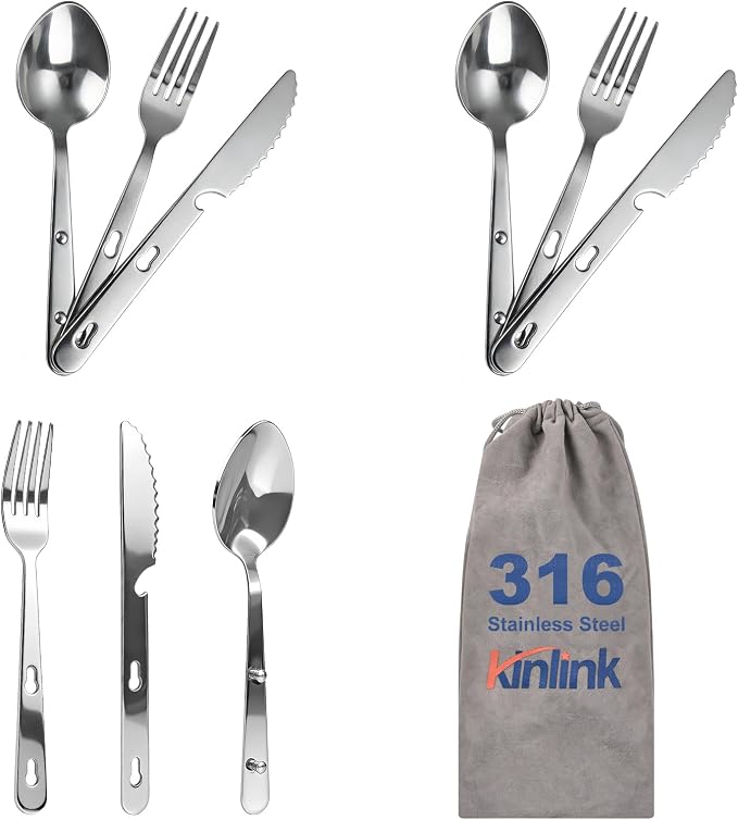 Travel Utensils with Pouch, 4-in-1 Silverware Set 3-Pack with Portable Stainless Steel Spoon, Fork, Knife & Bottle Opener Combo, Cutlery Set for Camping, Hiking, Picnic, Gadgets, Lunch Box for Men