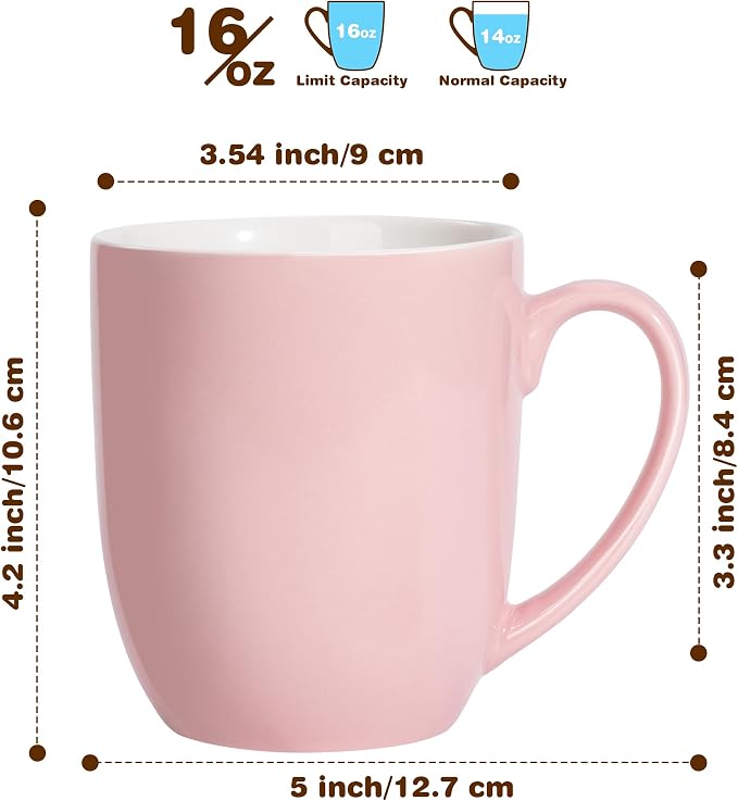 Urbanstrive 16 oz Large Coffee Mugs Set of 4 Ceramic Coffee Mug White Coffee Cups Tea Cups Idea Gift for Women Men House Warming Gifts New Home Office, Pink 4 Pack