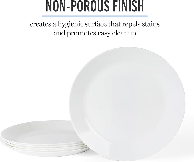 Martha Stewart Opalton Dinner Plates 6-Piece 10-Inch Plate Set – Chip and Break Resistant Opal Glass Plates - White