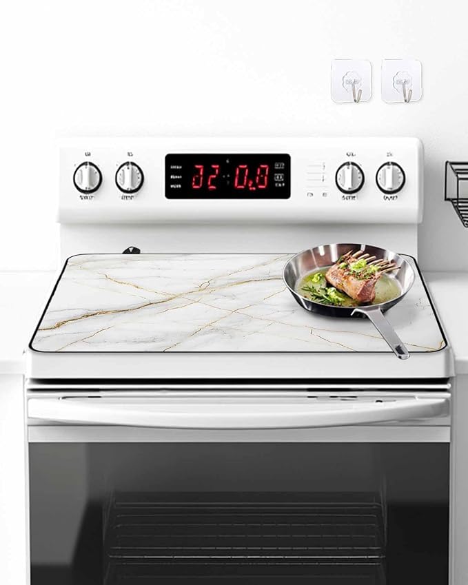 Stove Top Covers for Electric Stove 31x24 Inches, White Marble HeatResistant Glass Cooktop Protector, Nature Marble Crack Yellow-golden Lines Ceramic Stovetop Countertop Covers Mat, Modern Oven Cover