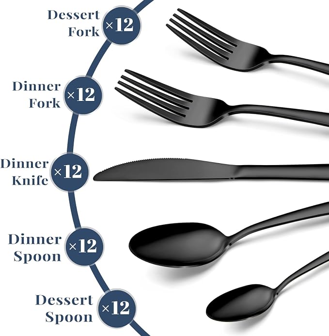 Hunnycook 60-Piece Black Silverware Set - Stainless Steel Silverware Set for 12, Includes Forks Spoons and Knives, Utensil Sets for Home Kitchen Restaurant, Dishwasher Safe