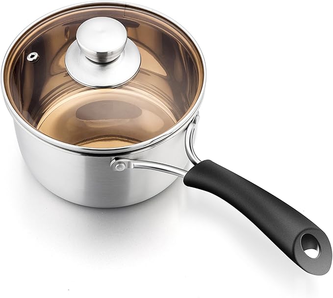 P&P CHEF 3 Quart Sauce Pan With Lid, Small Pot Saucepan for Milk, 1 Pc | Stainless Steel Saucepan, Small Sauce Pot for Cooking, Visible Glass Lid & Bakelite Heat-Proof Handles,Dishwasher Safe