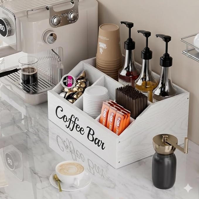 Coffee Station Organizer for Countertop – Wooden Coffee Bar Organizer with Adjustable Dividers,Holds K Cup Pod & syrup bottles, for Kitchen, Office, or Bar and Tea Station, White