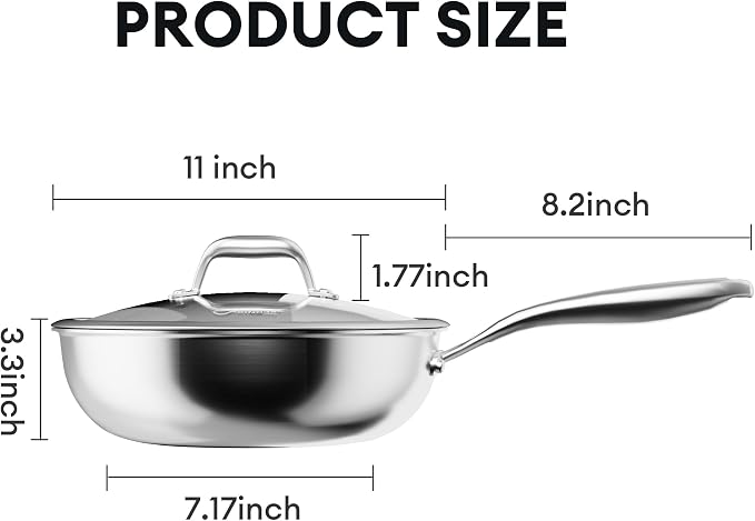 COOKER KING 11" Hybrid Wok Pan with Lid, Nonstick Deep Skillet for Stir-Fry | Non-Toxic Coating, Dishwasher & Oven Safe, Induction Ready, Stay-Cool Handle, 3-Ply Stainless Steel Clad for Fast Heat
