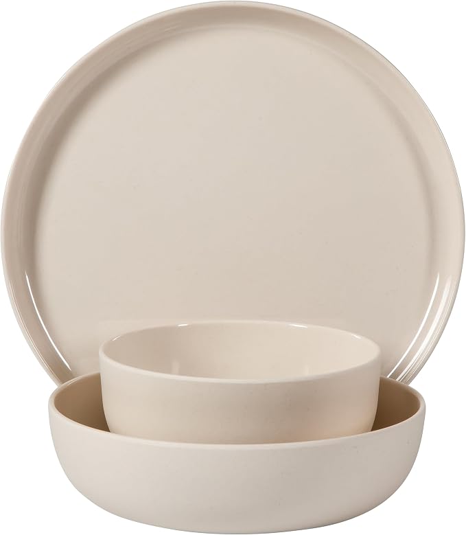 Gibson Home Candy Skies 12 Piece Unbreakable Wheat Straw Melamine Plates and Bowls Dinnerware Set - Outdoor, Camping, & Everyday Use - Matte Exterior/Shiny Interior Taupe Cream