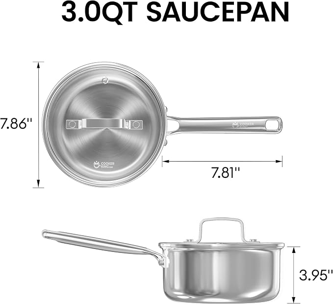Cooker King 3QT Stainless Steel Saucepan with Tempered Glass Lid, Metal Utensils Safe, No Coating (PFAS/PFOA/PTFE Free), Dishwasher-Friendly, Oven-Safe Up to 900°F, Induction Ready