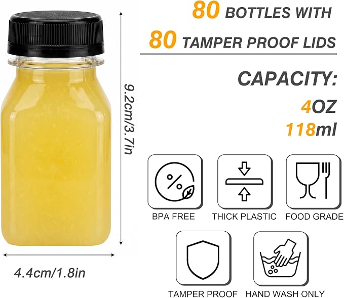 80pcs 4oz Plastic Juice Bottles with Caps, Sticker Labels, Brush | 4oz Plastic Containers with Lids Empty Reusable Clear Ginger Shots Bottles with Label, Funnel, and Brush Beverage for Juicing