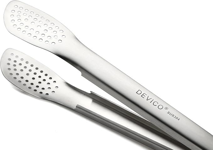 DEVICO 2Pcs 12 Inch 18/8 Stainless Steel Kitchen Tongs for Cooking, Brushed | Heat Resistant 600 Degrees BBQ Grill Tongs, Food Grade Metal Locking Tongs for Salad/Food/Serving/Frying, Dishwasher Safe