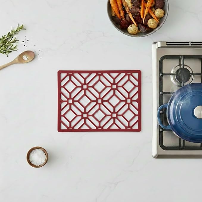 GASARÉ, Extra Large, Thick, Silicone Trivet for Hot Dishes, Pots, and Pans, Heat Resistant Mat for Countertop, Hot Pad for Kitchen, Easy to Clean, 16 x 12 x 3/8 Inches, (Red, Geometric)