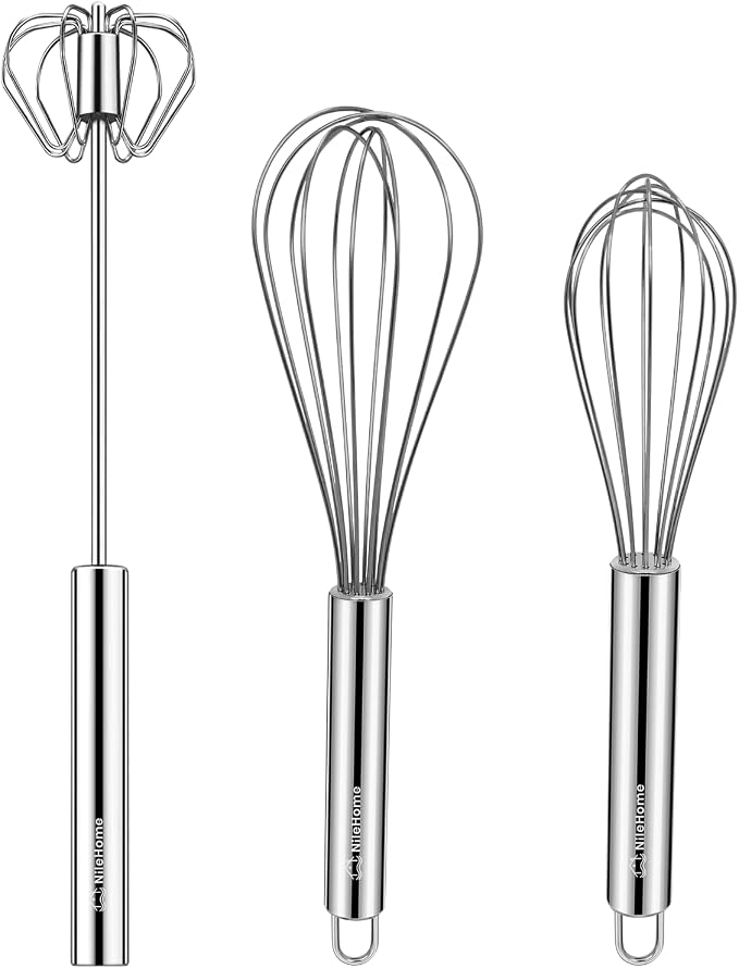 NileHome Stainless Steel Whisk Set 8" 10" Hand Blender + 12" Semi-Automatic Rotary Kitchen Whisk Kitchen Wisk Wire Whisks for Cooking, Whisking, Blending, Beating, Stirring- 3 Pack...