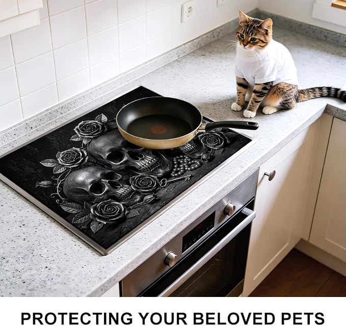 Gothic Skull Stove Top Cover for Electric Stove, 28x20 In Mat | Heat-resistant non-slip mat holds hot cookware; glass cooktop protector, dish drying; black rose halloween kitchen decor