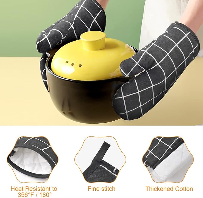 AUAUY Oven Mitts and Pot Holders 6PCS Set, 392°F Heat Resistant, Black | Cooking Gloves and Hot Pads Baking Mittens BBQ Gloves, Top Kitchen Gadgets, Non-Slip Kitchen Mittens for Oven Baking Grilling