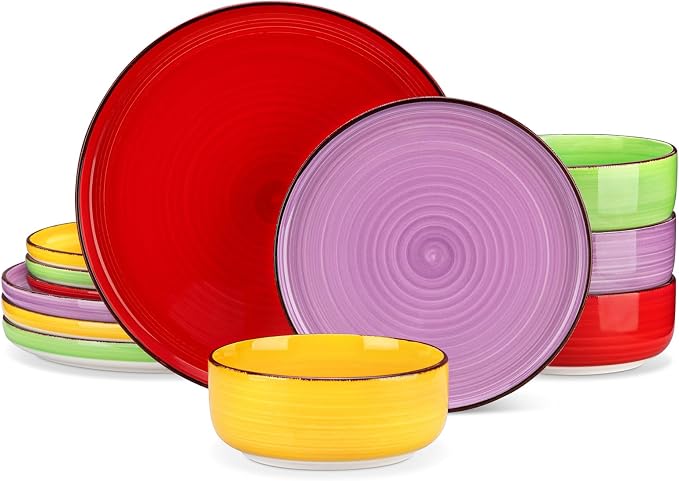 vancasso Bonita Stoneware Dinnerware Sets, 12 Pieces Dishes Set，Polished Round Plates and Bowls Set for 4, Dishwasher and Microwave Safe, Multicolor